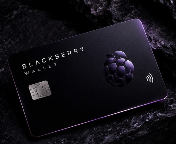 Matte black Blackberry Wallet card with a violet edge and an embossed berry
